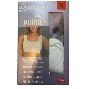Puma 2 Pack Seamless Sports Bra Square Neck Adjustable Straps Medium